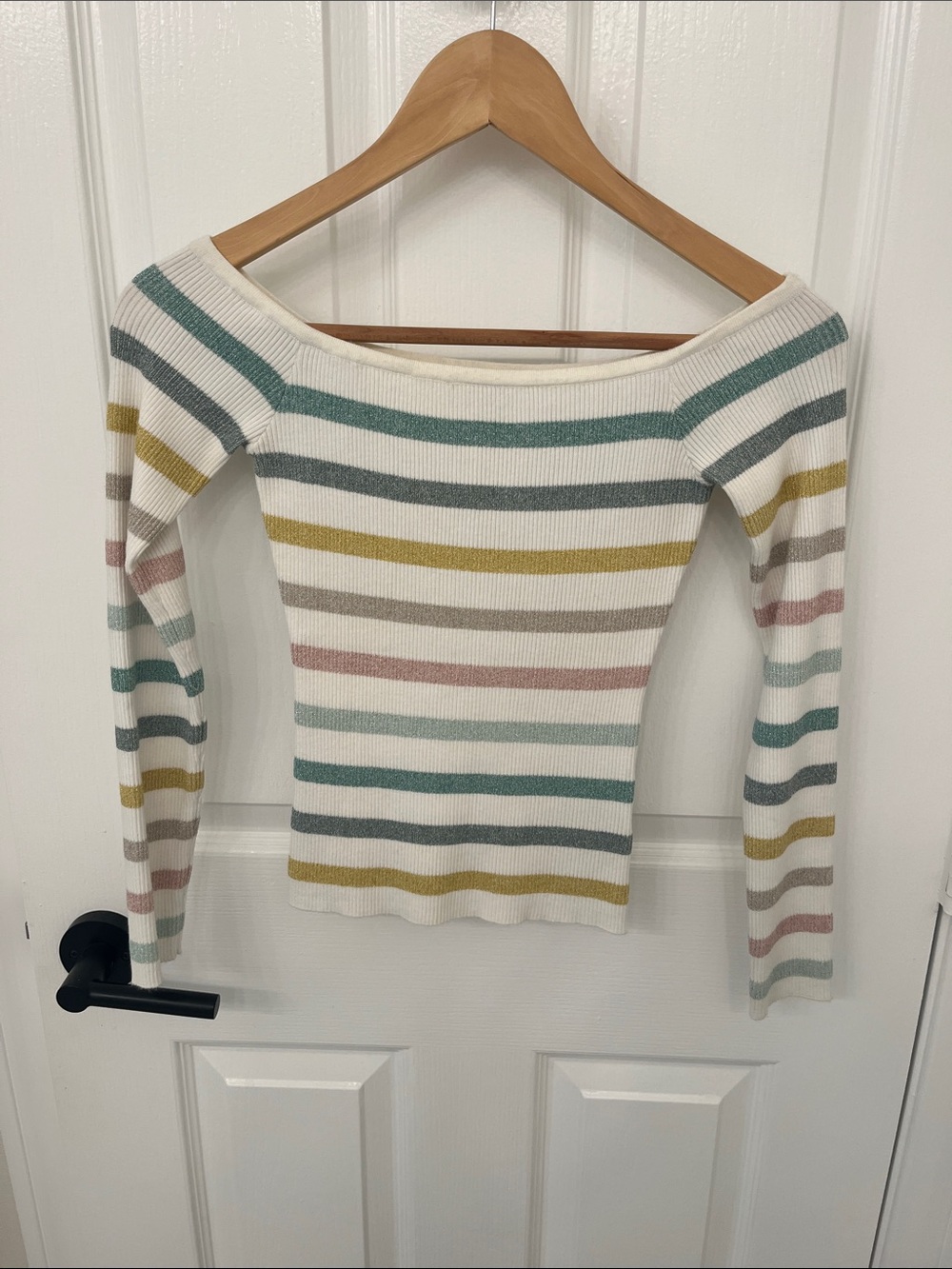 Striped Off-Shoulder Sweater - White with Pastel Stripes